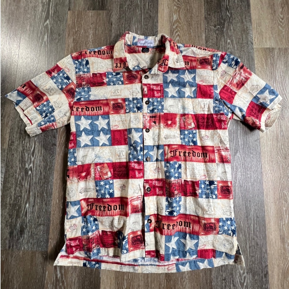 American Summer Button Down Shirt Mens XL Red White Blue Flag Freedom Cotton